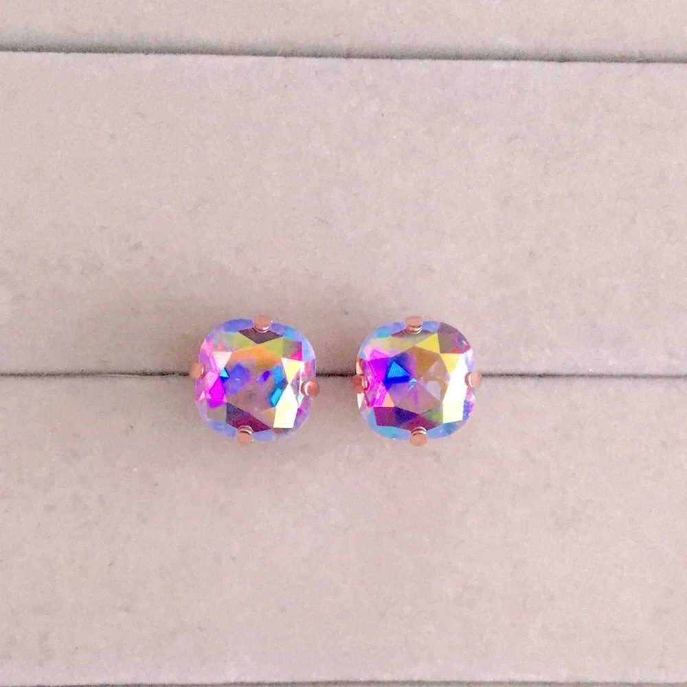 Violet Aurora Borealis + Rose Gold Cushion Cut Crystal Earrings